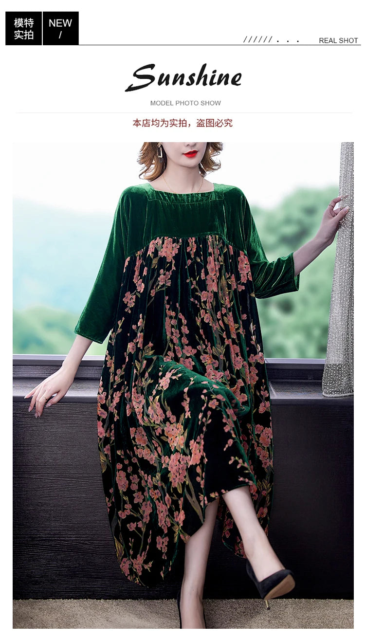 Velvet Dress Women 2024 New Casual Mom's Loose Maxi Robe  Long Sleeves Printing Winter Party Vestidos