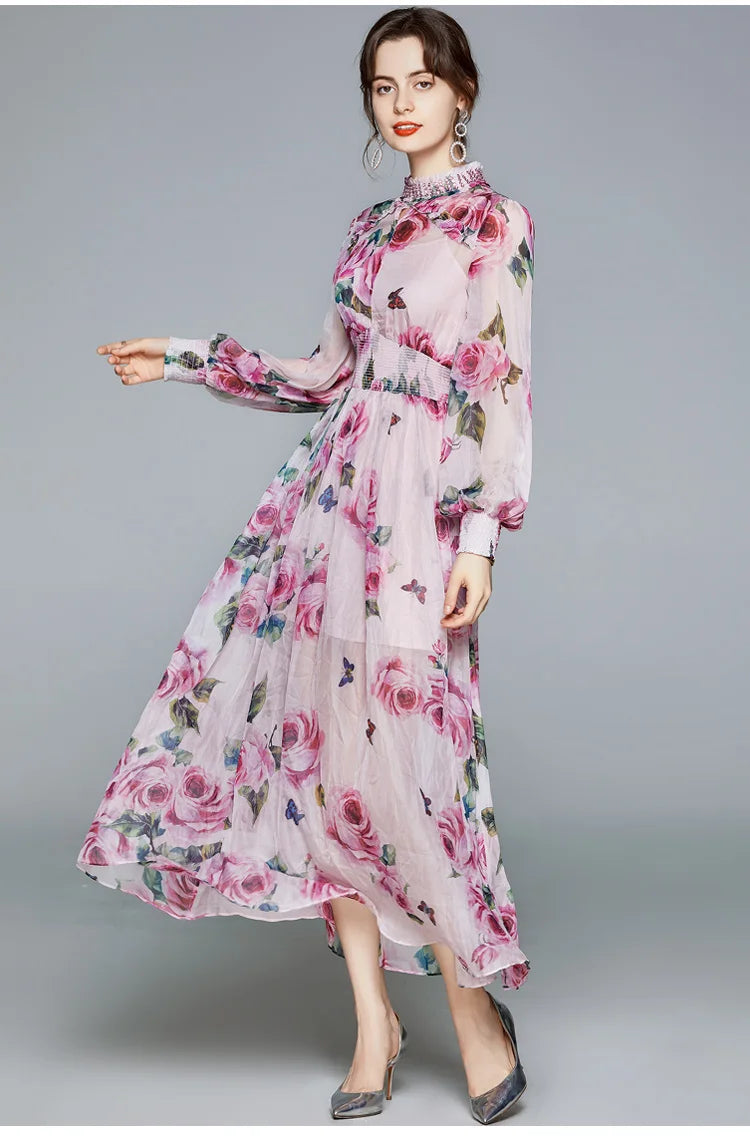 Women Runway Boho Rose Floral Maxi Dress Luxury Pink Flower Print Lantern Sleeve Beading Stand Collar Party Chiffon Long Dress