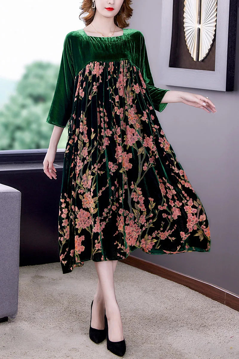 Velvet Dress Women 2024 New Casual Mom's Loose Maxi Robe  Long Sleeves Printing Winter Party Vestidos