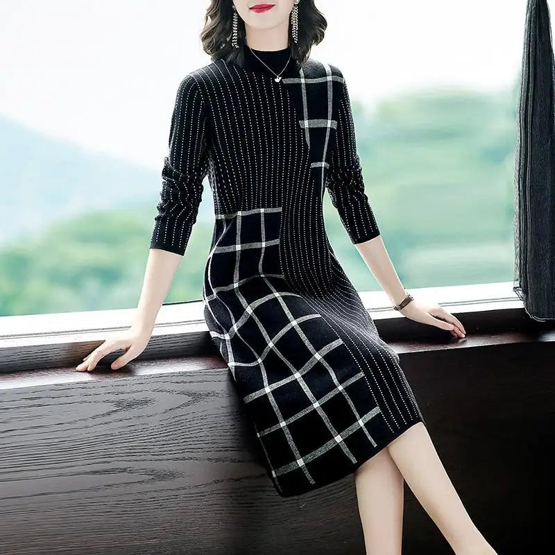 Knitted Sweater Dress Female Autumn Winter Dress Long Sleeve Half Turtleneck Sweater Women Dress Office Lady Casual Mid Dress