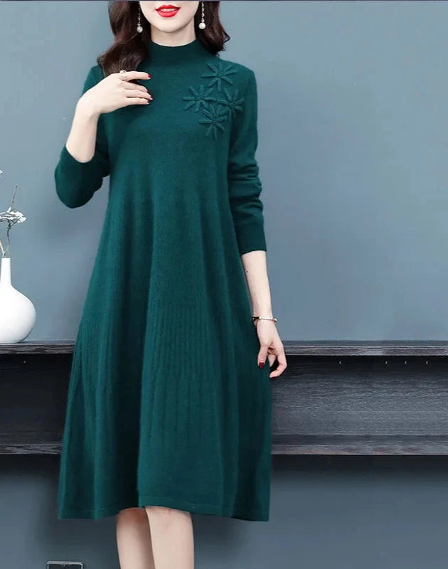 Sweater Dress Mid-Calf Long Chic Female Dresses A-Line Embroidered Wool Knitted Dresses