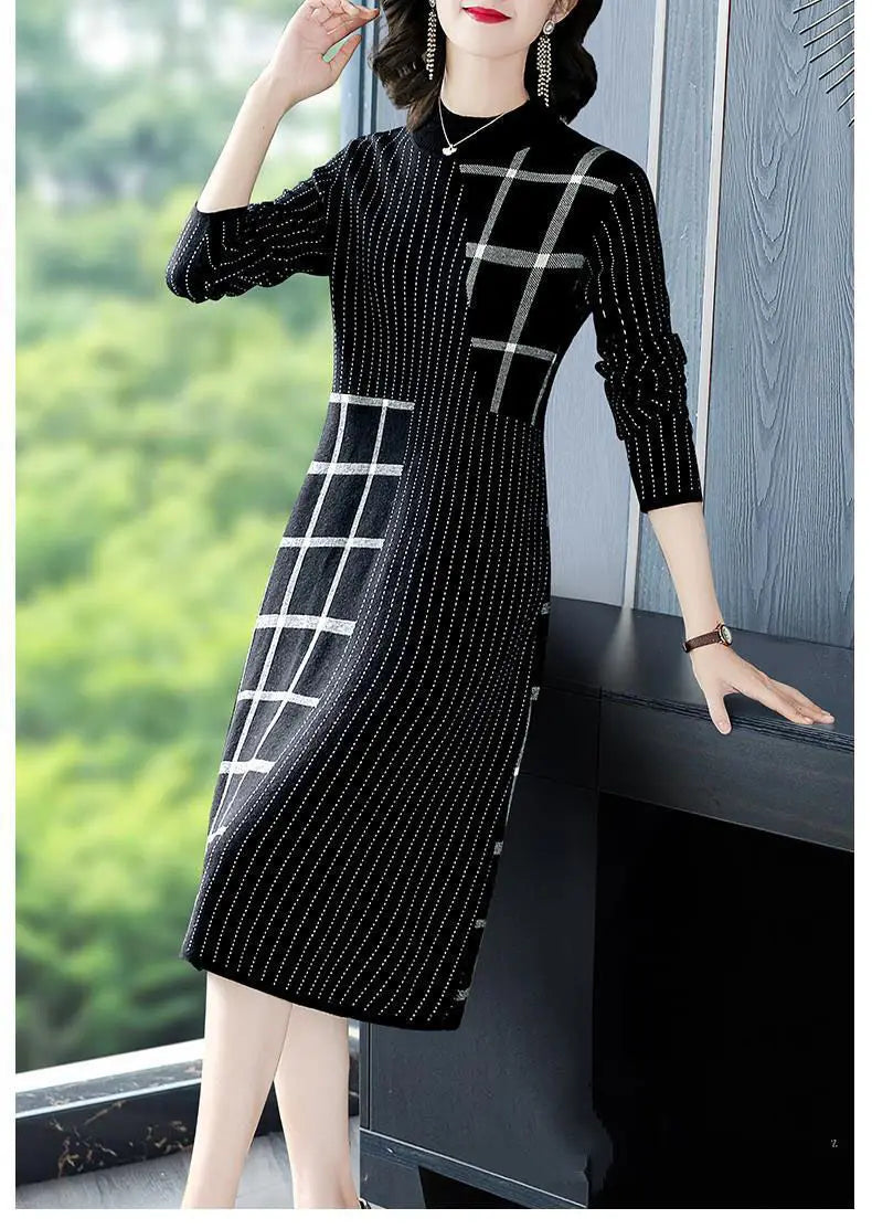 Knitted Sweater Dress Female Autumn Winter Dress Long Sleeve Half Turtleneck Sweater Women Dress Office Lady Casual Mid Dress