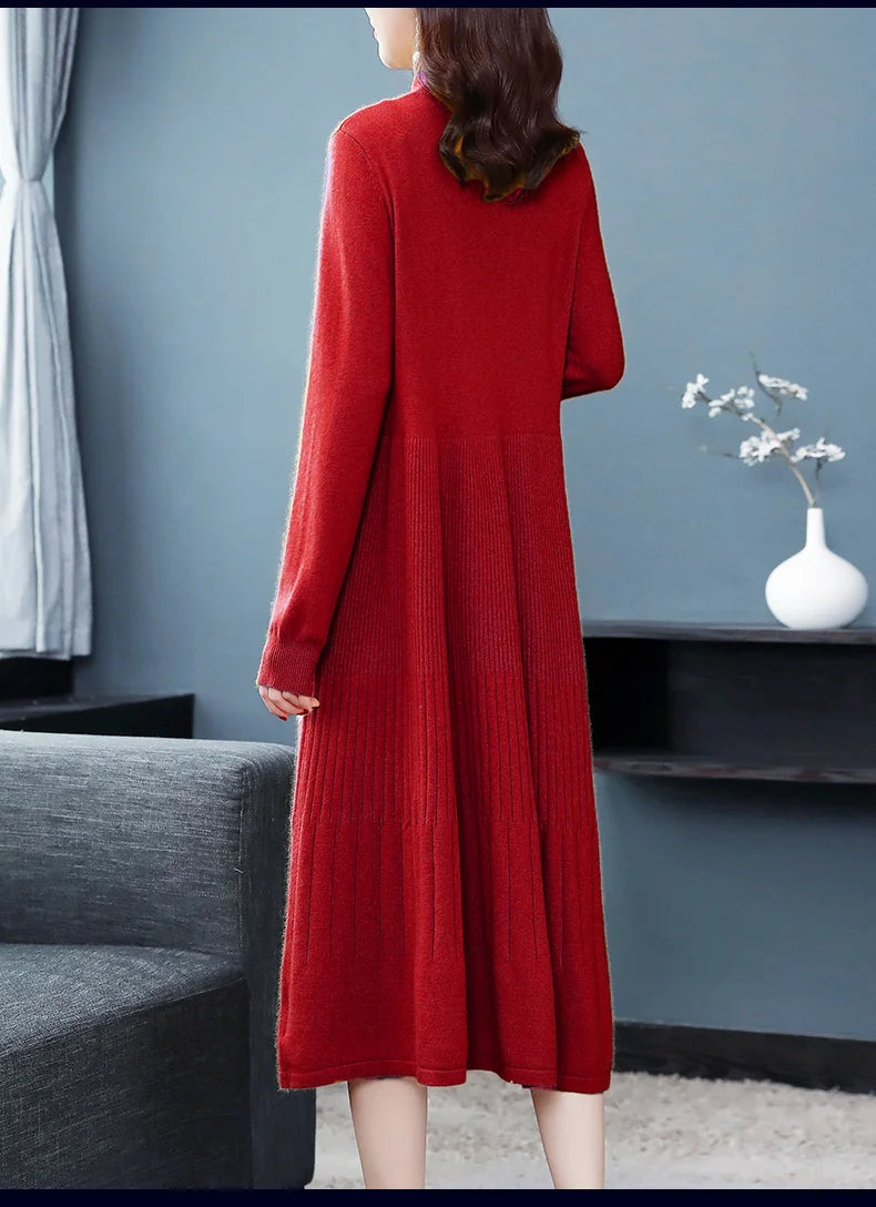 Sweater Dress Mid-Calf Long Chic Female Dresses A-Line Embroidered Wool Knitted Dresses