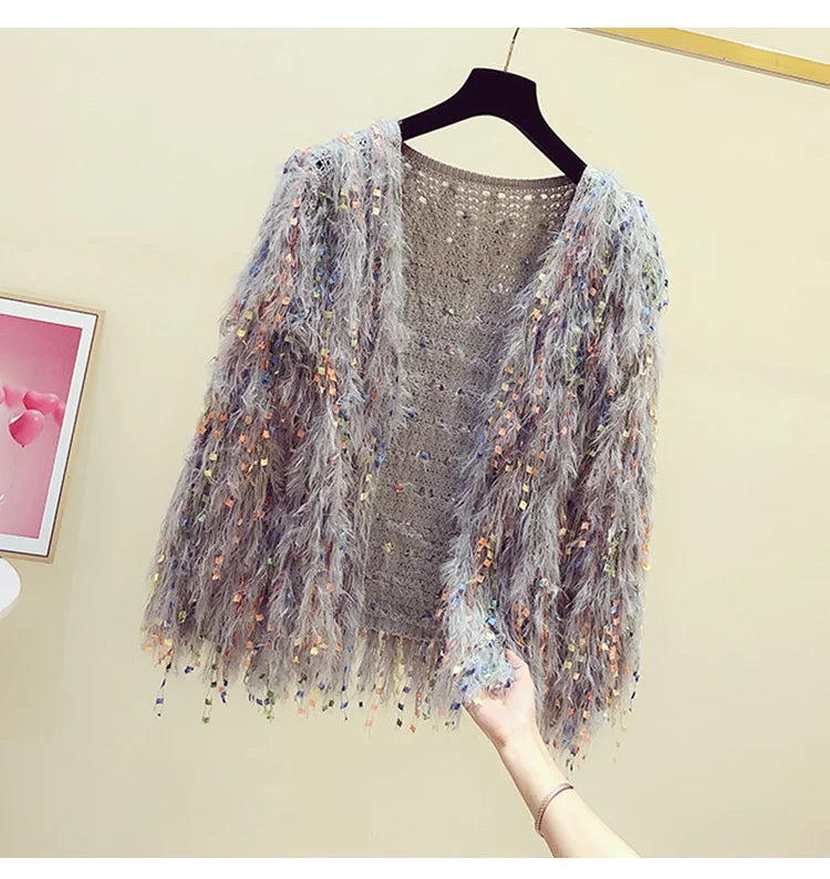 Furry Tassels Long-sleeved Knitted Cardigan Women's Autumn/winter Casual Sweater Jacket