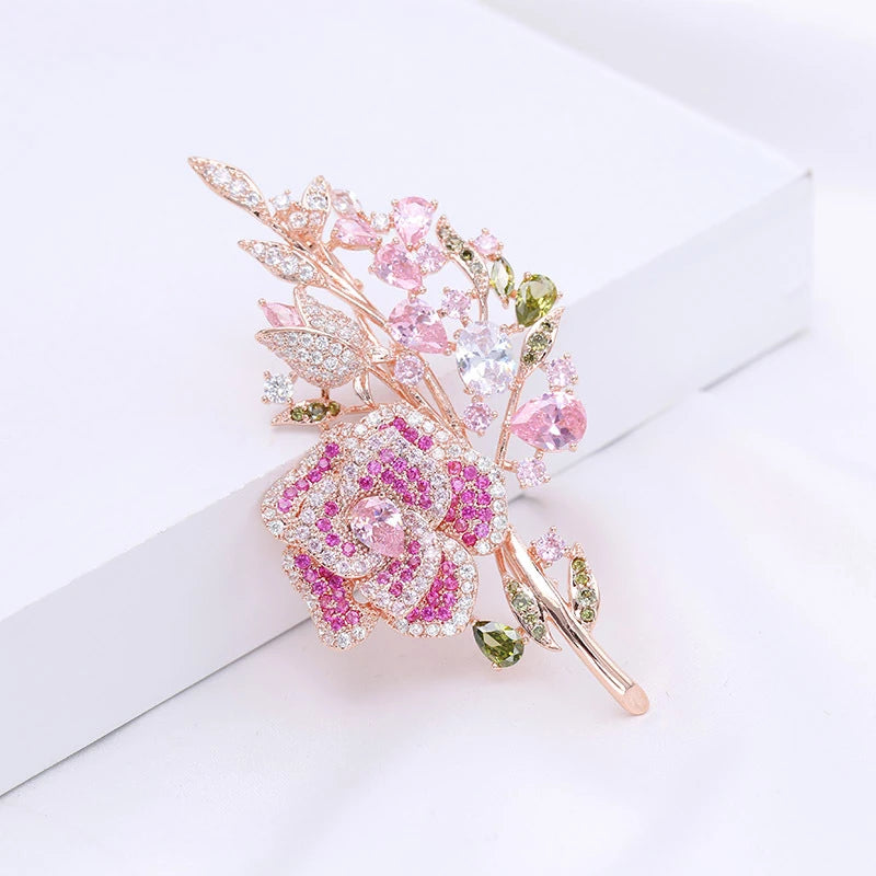 Luxury Pink Zircons Brooch for Women Fashion Flower Brooches Pins Colorful Crystal Sunflower Broach Jewelry broche femme bijoux