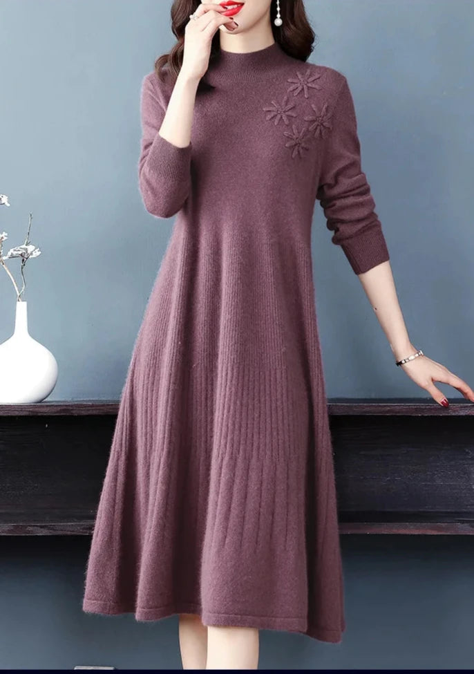 Sweater Dress Mid-Calf Long Chic Female Dresses A-Line Embroidered Wool Knitted Dresses