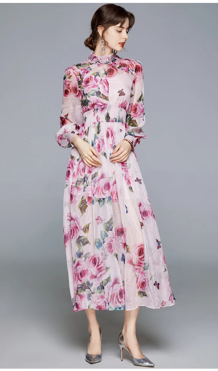 Women Runway Boho Rose Floral Maxi Dress Luxury Pink Flower Print Lantern Sleeve Beading Stand Collar Party Chiffon Long Dress