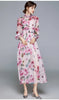 Women Runway Boho Rose Floral Maxi Dress Luxury Pink Flower Print Lantern Sleeve Beading Stand Collar Party Chiffon Long Dress