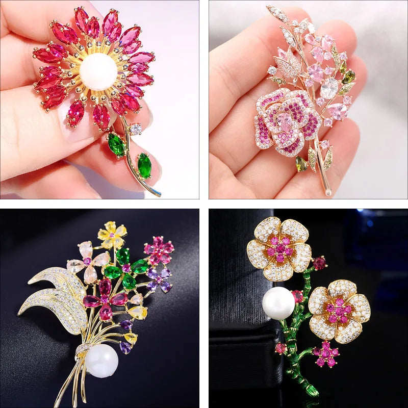 Luxury Pink Zircons Brooch for Women Fashion Flower Brooches Pins Colorful Crystal Sunflower Broach Jewelry broche femme bijoux