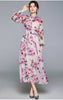 Women Runway Boho Rose Floral Maxi Dress Luxury Pink Flower Print Lantern Sleeve Beading Stand Collar Party Chiffon Long Dress