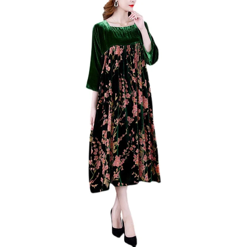 Velvet Dress Women 2024 New Casual Mom's Loose Maxi Robe  Long Sleeves Printing Winter Party Vestidos