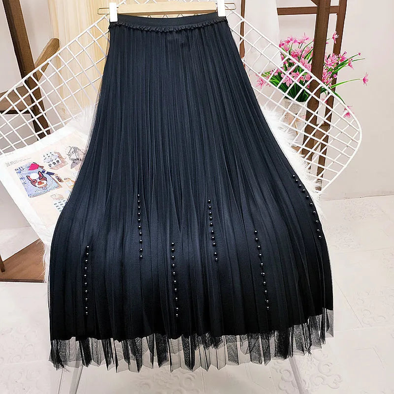 Double Sides Wear Gold Velvet Skirt Female Autumn Winter High Elastic Waist Beading Elegant Skirt Women Velvet Pleated Skirts