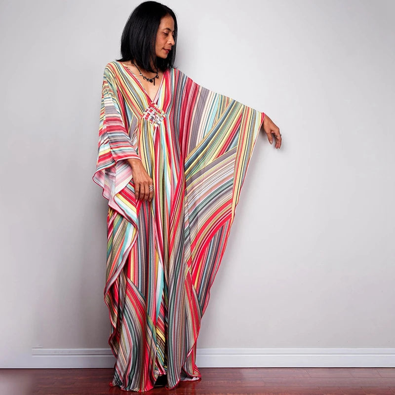 Rainbow Stripe Print Maxi Dress Women Elegant Dubai Abaya With Long Sleeve Design Trend Kaftan Casual Party Resortwear Butterfly