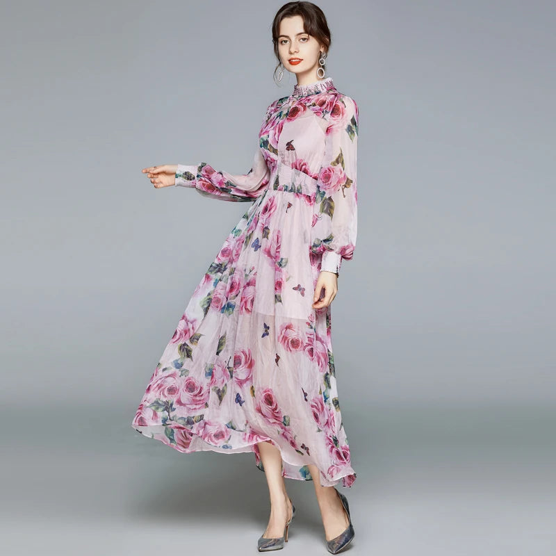 Women Runway Boho Rose Floral Maxi Dress Luxury Pink Flower Print Lantern Sleeve Beading Stand Collar Party Chiffon Long Dress