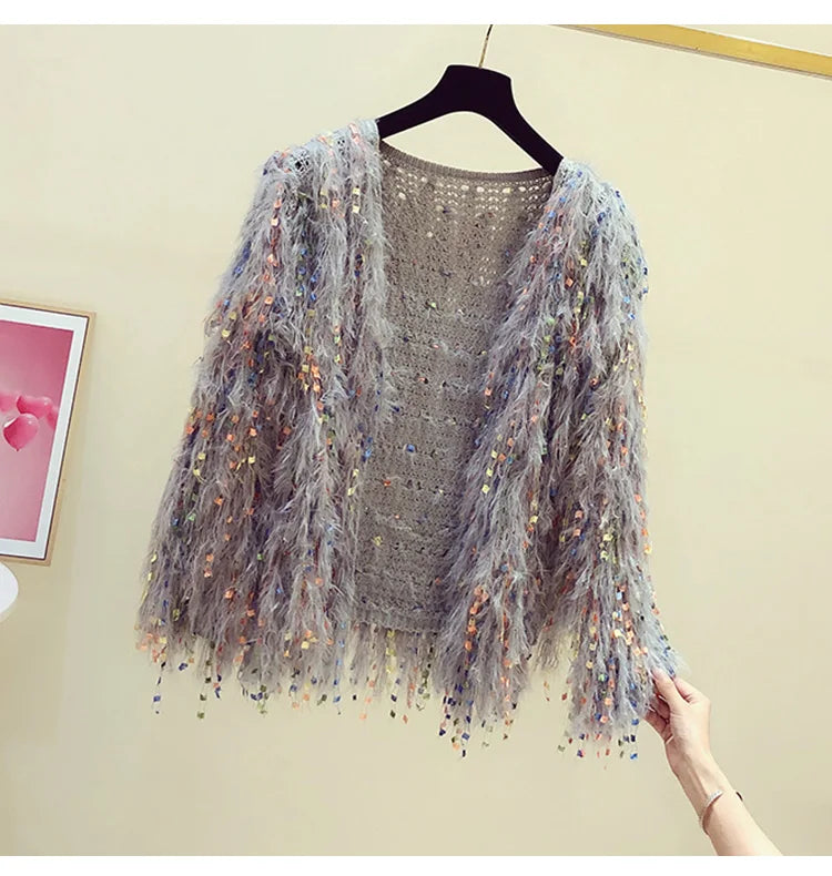 Furry Tassels Long-sleeved Knitted Cardigan Women's Autumn/winter Casual Sweater Jacket