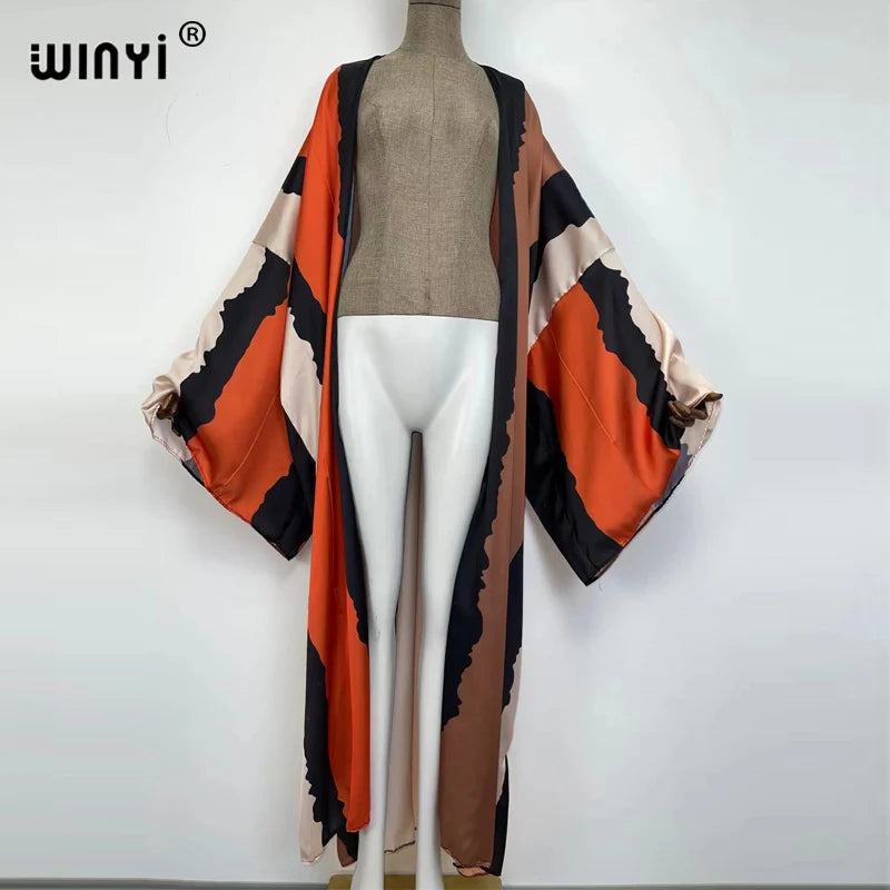 European 2022 WINYI Women Cardigan Loose Long Dress Cocktail Party Boho Maxi beach Holiday Batwing Sleeve kimono Robe dress