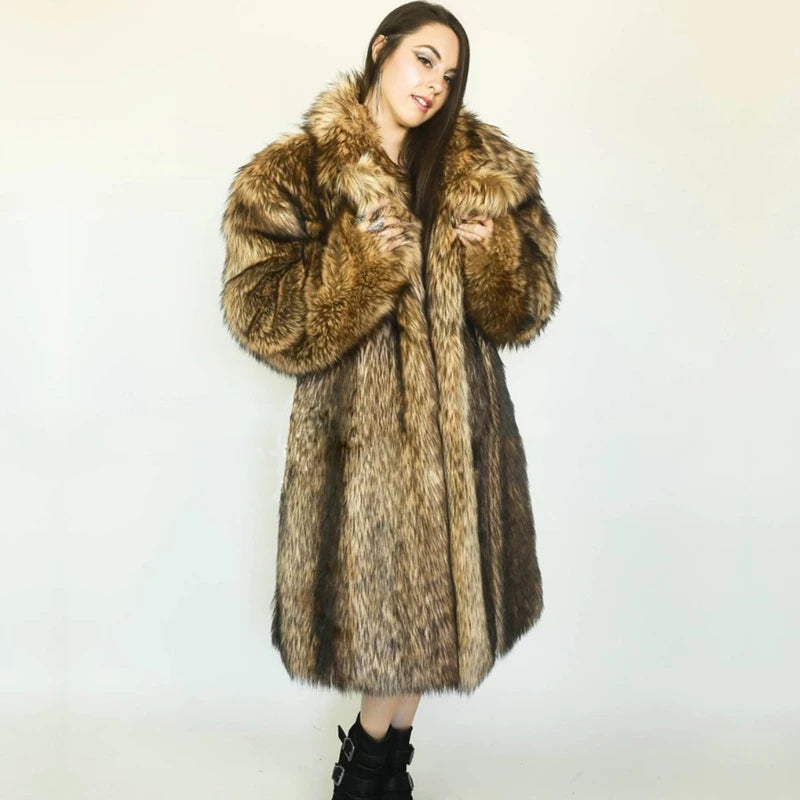 New autumn and winter fur coat for women, a coat of imitation raccoon fur, a long warm windbreaker in large size, fur jacket