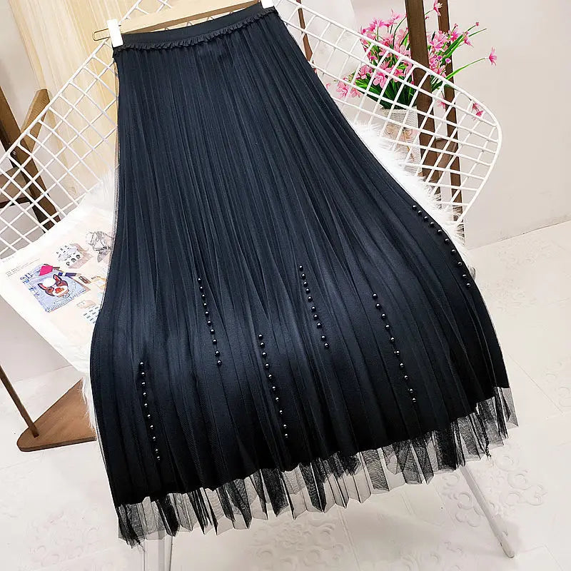 Double Sides Wear Gold Velvet Skirt Female Autumn Winter High Elastic Waist Beading Elegant Skirt Women Velvet Pleated Skirts