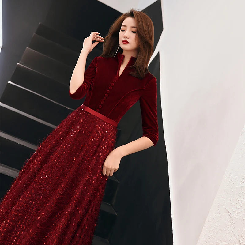 wei yin 2022 Wine Red Evening Dress V-neck Half Sleeve Lace Sequins Floor-length Formal Prom Gowns Custom Robe De Soiree WY1615