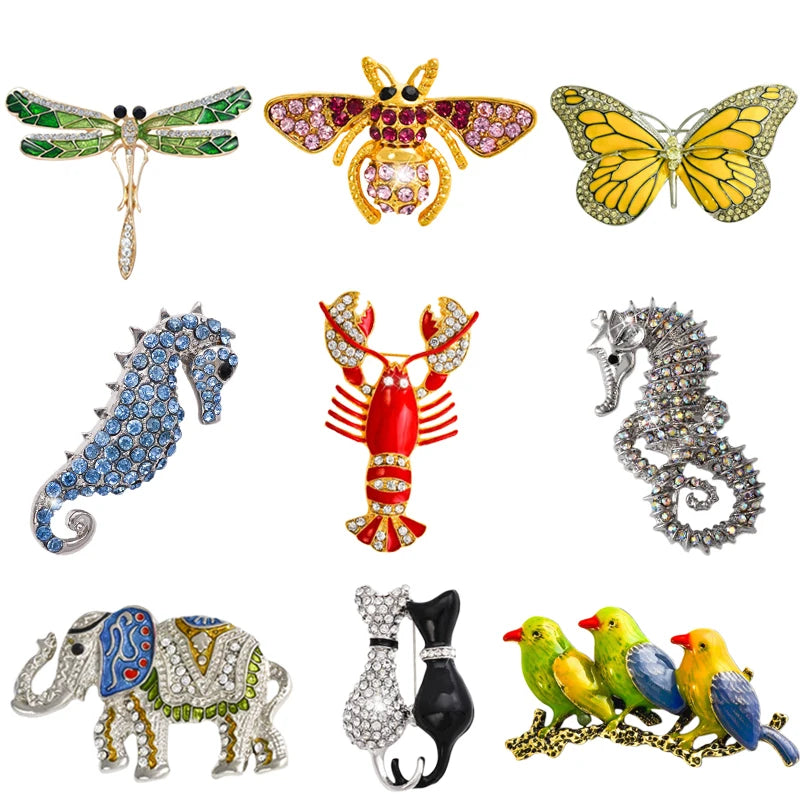 Retro Insect Dragonfly Butterfly Broach Bee Brooch Women Crystal Animal Elephant Cat Birds Sea Horse Broches Mujer Men Brosche