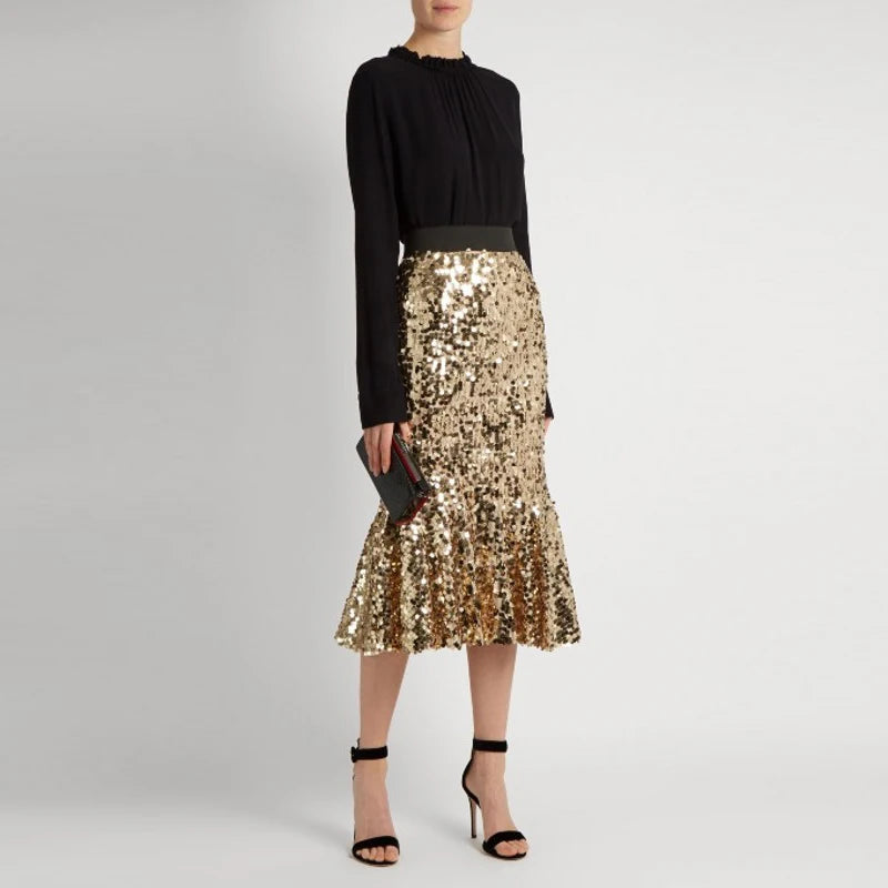 Shiny Gold Sequin Skirts Women Customized Tee Length Midi Skirt Modern Fashion Ruffles Skirt Spring Autumn Style