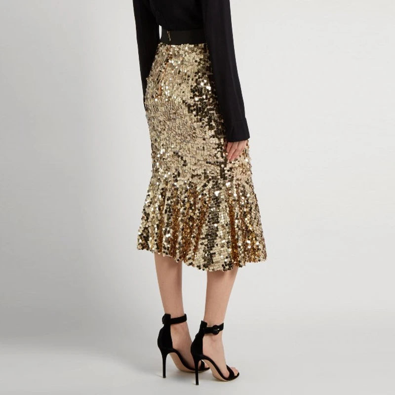 Shiny Gold Sequin Skirts Women Customized Tee Length Midi Skirt Modern Fashion Ruffles Skirt Spring Autumn Style