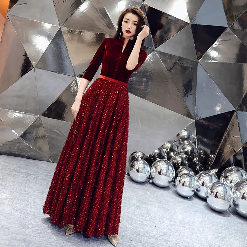 wei yin 2022 Wine Red Evening Dress V-neck Half Sleeve Lace Sequins Floor-length Formal Prom Gowns Custom Robe De Soiree WY1615