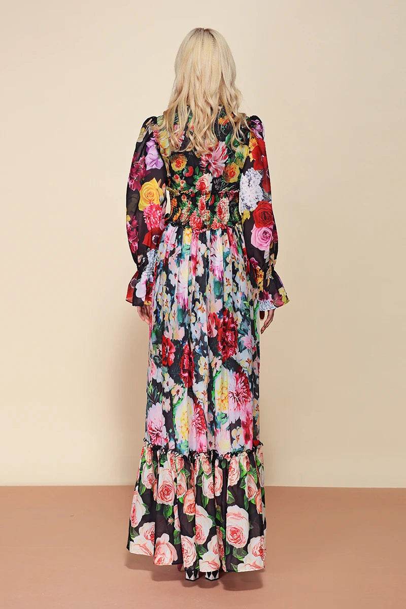 LD LINDA DELLA Fashion Runway Summer Long Sleeve Maxi Dress Women's elastic Waist Floral Print Elegant Party Holiday Long Dress