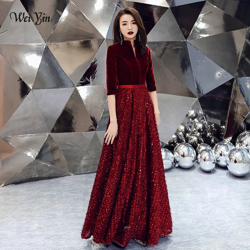 wei yin 2022 Wine Red Evening Dress V-neck Half Sleeve Lace Sequins Floor-length Formal Prom Gowns Custom Robe De Soiree WY1615