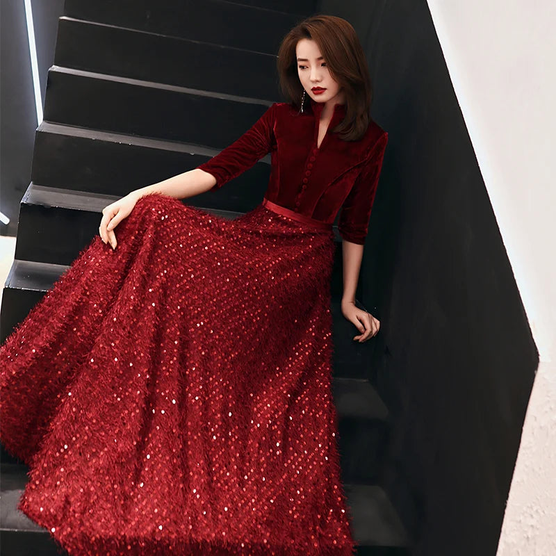 wei yin 2022 Wine Red Evening Dress V-neck Half Sleeve Lace Sequins Floor-length Formal Prom Gowns Custom Robe De Soiree WY1615