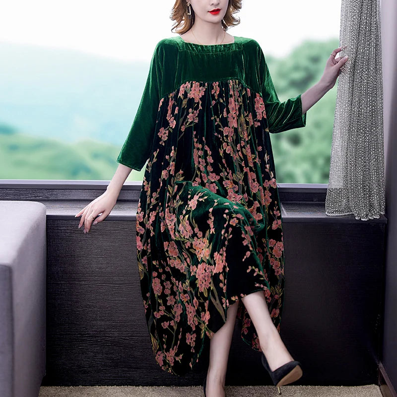 Velvet Dress Women 2024 New Casual Mom's Loose Maxi Robe  Long Sleeves Printing Winter Party Vestidos