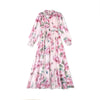 Women Runway Boho Rose Floral Maxi Dress Luxury Pink Flower Print Lantern Sleeve Beading Stand Collar Party Chiffon Long Dress