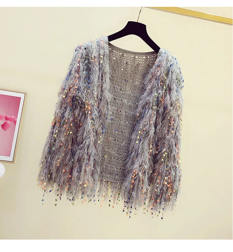 Furry Tassels Long-sleeved Knitted Cardigan Women's Autumn/winter Casual Sweater Jacket