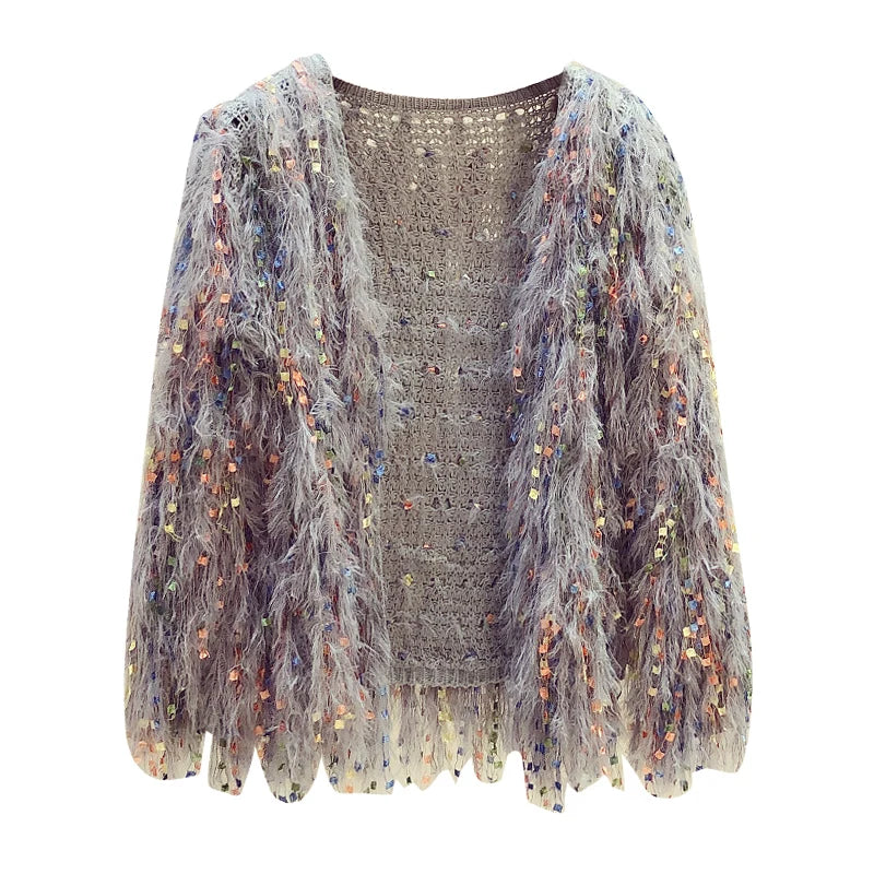 Furry Tassels Long-sleeved Knitted Cardigan Women's Autumn/winter Casual Sweater Jacket