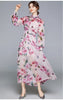 Women Runway Boho Rose Floral Maxi Dress Luxury Pink Flower Print Lantern Sleeve Beading Stand Collar Party Chiffon Long Dress