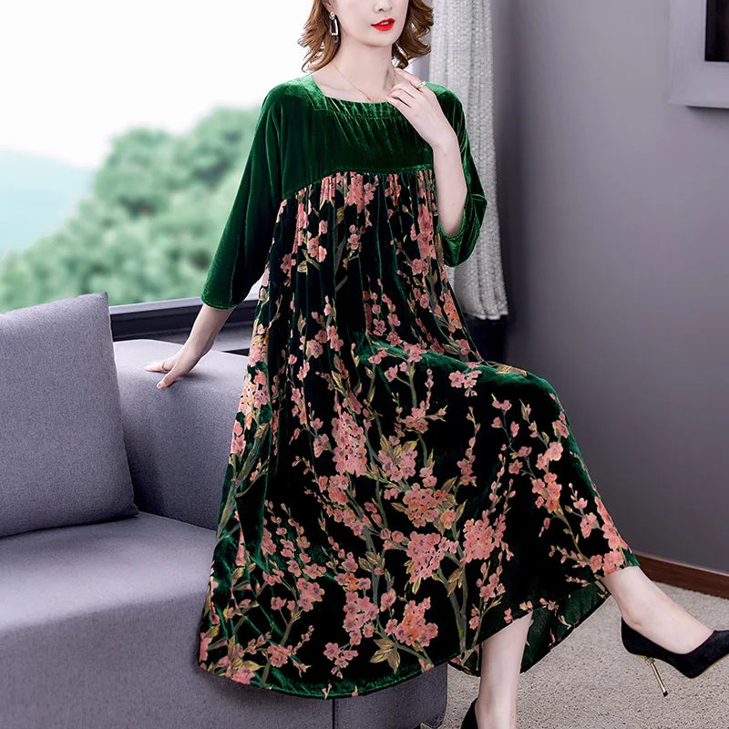 Velvet Dress Women 2024 New Casual Mom's Loose Maxi Robe  Long Sleeves Printing Winter Party Vestidos