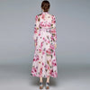 Women Runway Boho Rose Floral Maxi Dress Luxury Pink Flower Print Lantern Sleeve Beading Stand Collar Party Chiffon Long Dress