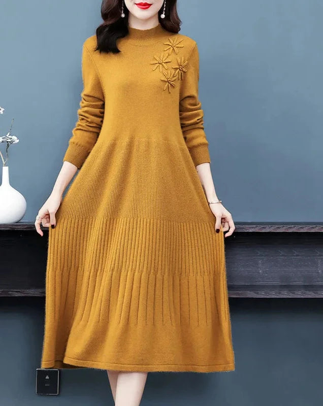 Sweater Dress Mid-Calf Long Chic Female Dresses A-Line Embroidered Wool Knitted Dresses