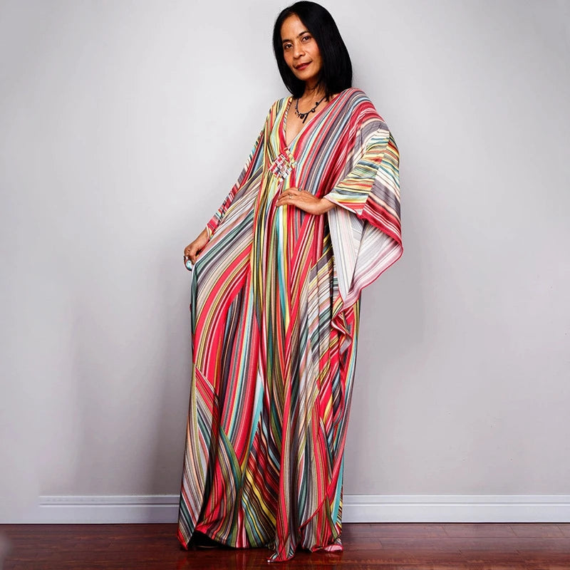 Rainbow Stripe Print Maxi Dress Women Elegant Dubai Abaya With Long Sleeve Design Trend Kaftan Casual Party Resortwear Butterfly