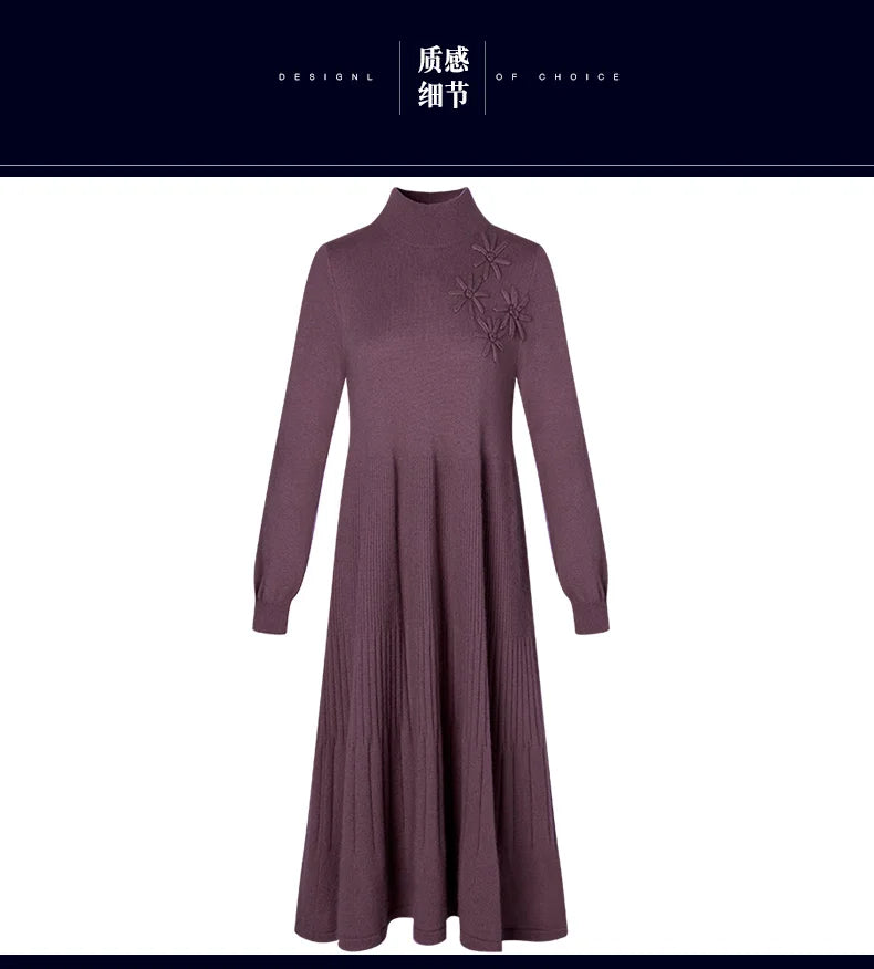 Sweater Dress Mid-Calf Long Chic Female Dresses A-Line Embroidered Wool Knitted Dresses