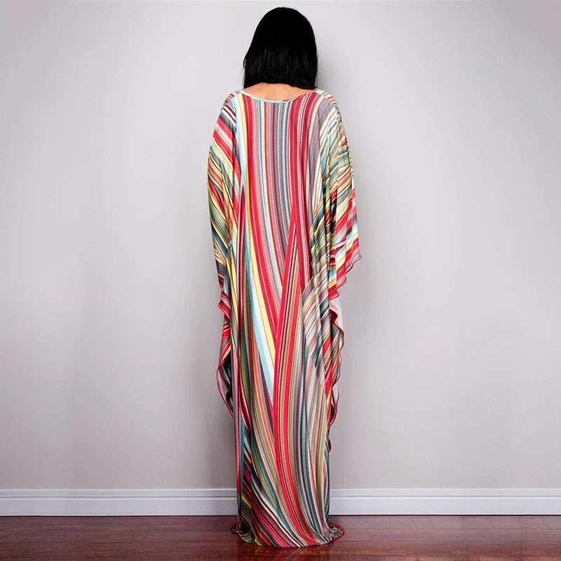 Rainbow Stripe Print Maxi Dress Women Elegant Dubai Abaya With Long Sleeve Design Trend Kaftan Casual Party Resortwear Butterfly