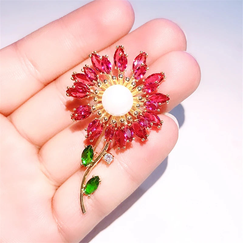 Luxury Pink Zircons Brooch for Women Fashion Flower Brooches Pins Colorful Crystal Sunflower Broach Jewelry broche femme bijoux