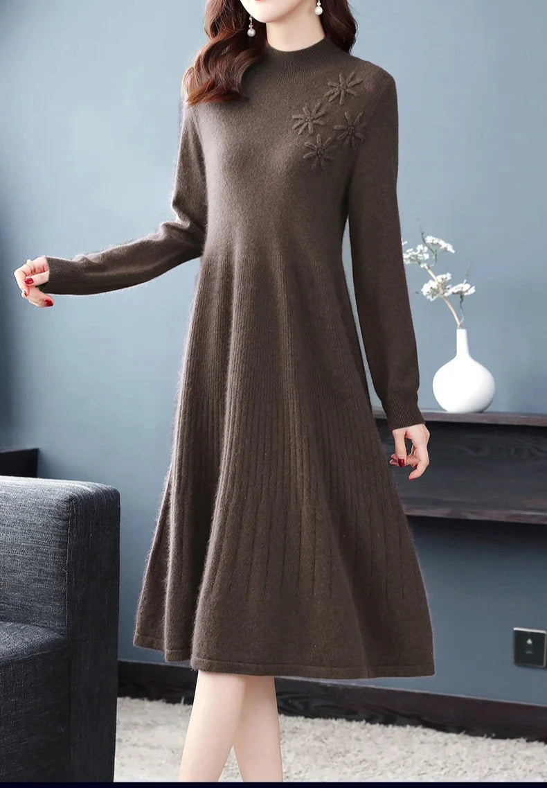 Sweater Dress Mid-Calf Long Chic Female Dresses A-Line Embroidered Wool Knitted Dresses