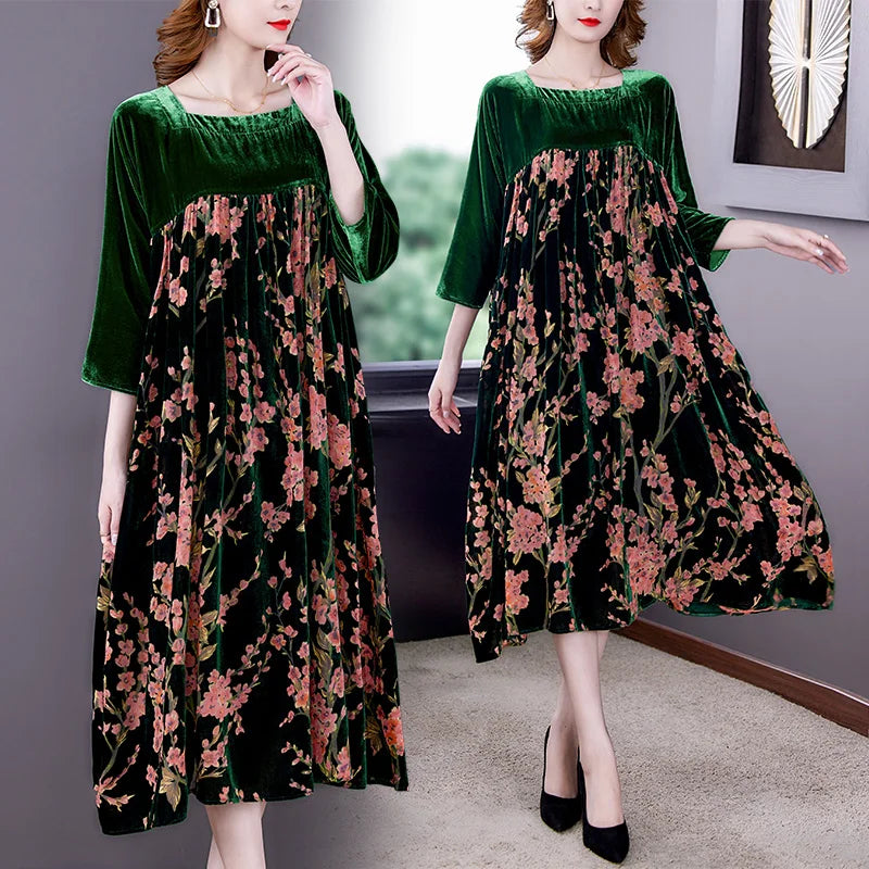 Velvet Dress Women 2024 New Casual Mom's Loose Maxi Robe  Long Sleeves Printing Winter Party Vestidos