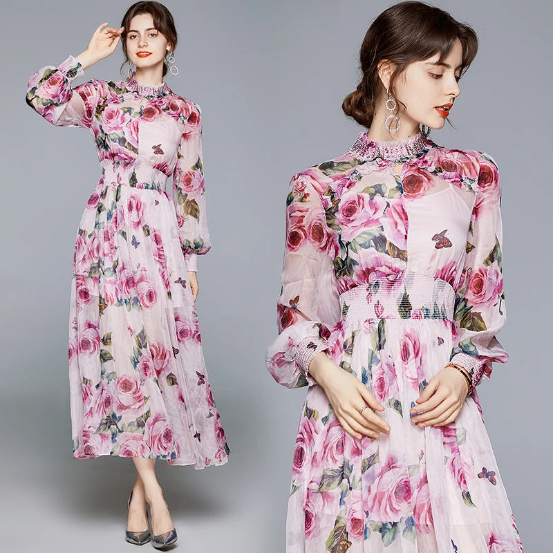 Women Runway Boho Rose Floral Maxi Dress Luxury Pink Flower Print Lantern Sleeve Beading Stand Collar Party Chiffon Long Dress