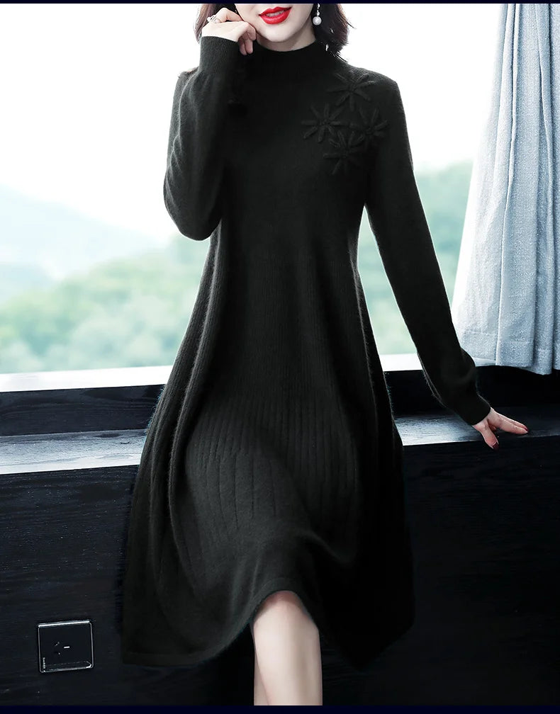 Sweater Dress Mid-Calf Long Chic Female Dresses A-Line Embroidered Wool Knitted Dresses