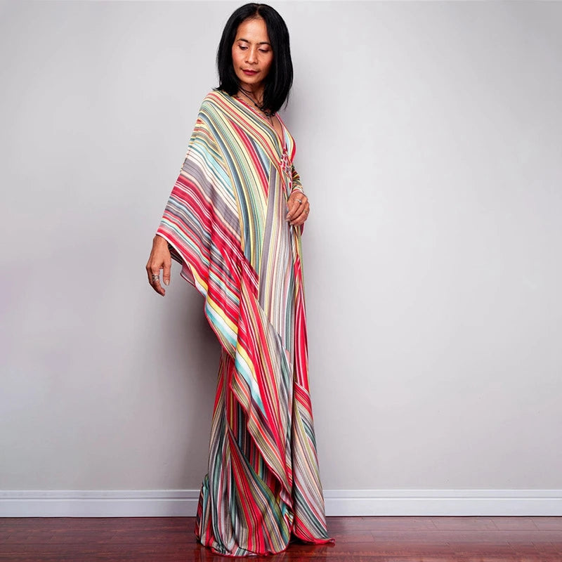 Rainbow Stripe Print Maxi Dress Women Elegant Dubai Abaya With Long Sleeve Design Trend Kaftan Casual Party Resortwear Butterfly