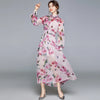 Women Runway Boho Rose Floral Maxi Dress Luxury Pink Flower Print Lantern Sleeve Beading Stand Collar Party Chiffon Long Dress