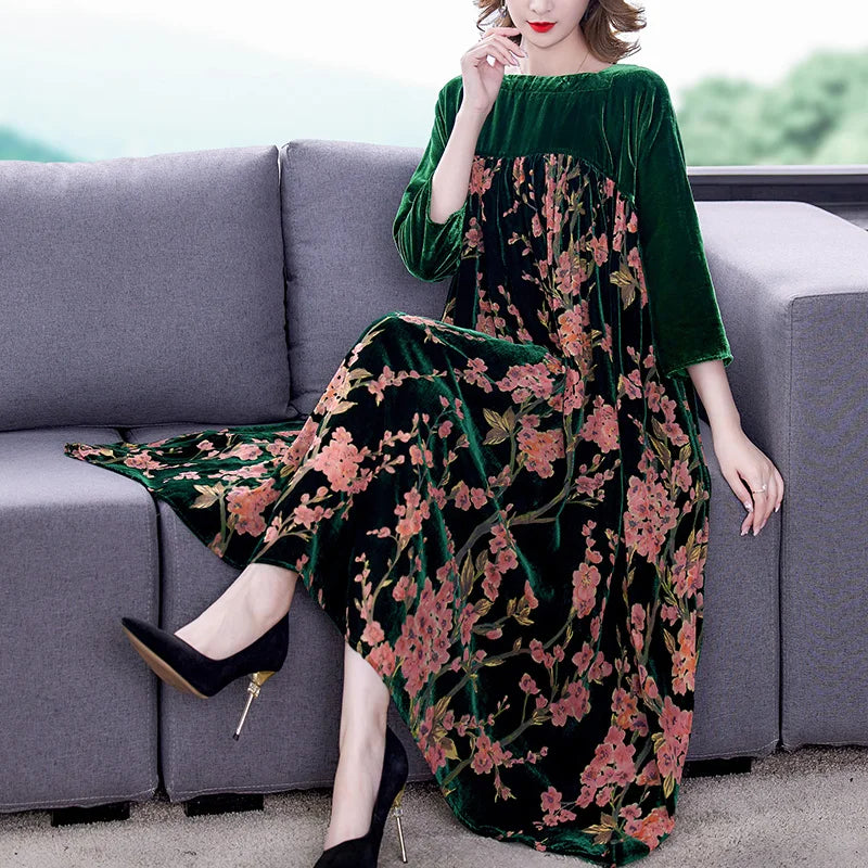 Velvet Dress Women 2024 New Casual Mom's Loose Maxi Robe  Long Sleeves Printing Winter Party Vestidos