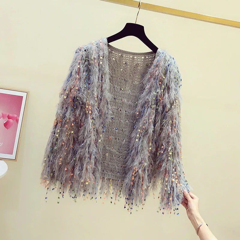 Furry Tassels Long-sleeved Knitted Cardigan Women's Autumn/winter Casual Sweater Jacket